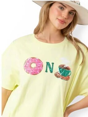 FANTASTIC FAWN MSRP $45 Oversized Donut & Coffee Sequined Tee in Pale Yellow